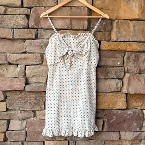 NEW Essue S Polka Dot Cotton Linen Cream Ruffle Bow Sweetheart Mini Dress Retro